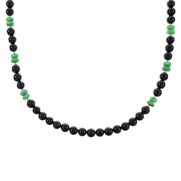Onyx And Turquoise Authentic Sterling Silver Navajo Bead Necklace RX99882
